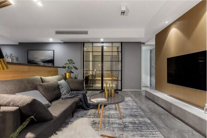 以灰色与与木饰面的组合，令人惬意舒适而情趣!